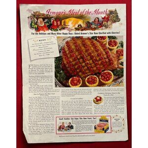 Armour Meats Christmas Meal Vintage Print Ad 1930s Baked Holiday Ham Kitchen Art